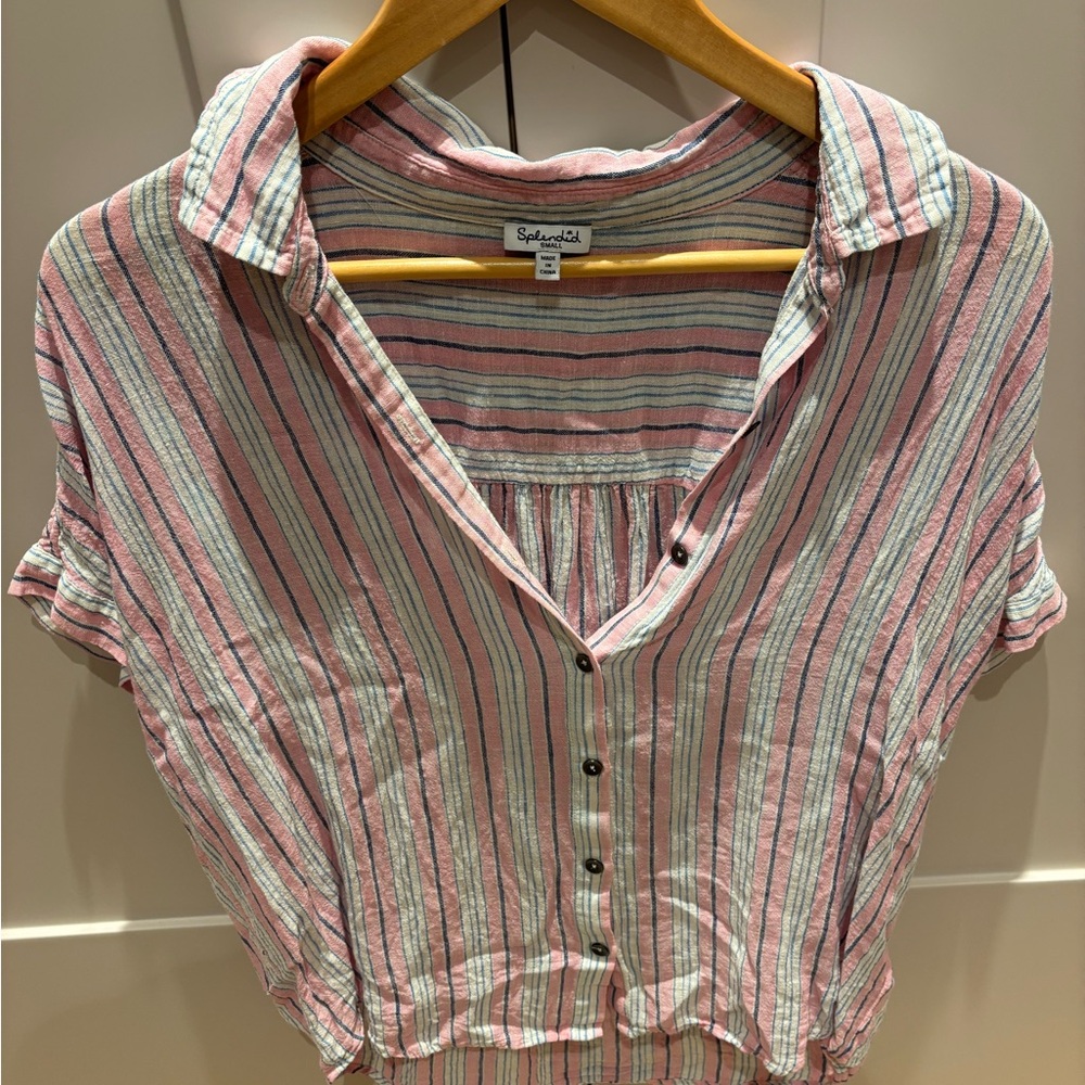 Splendid White and Pink Button Down Linen Shirt